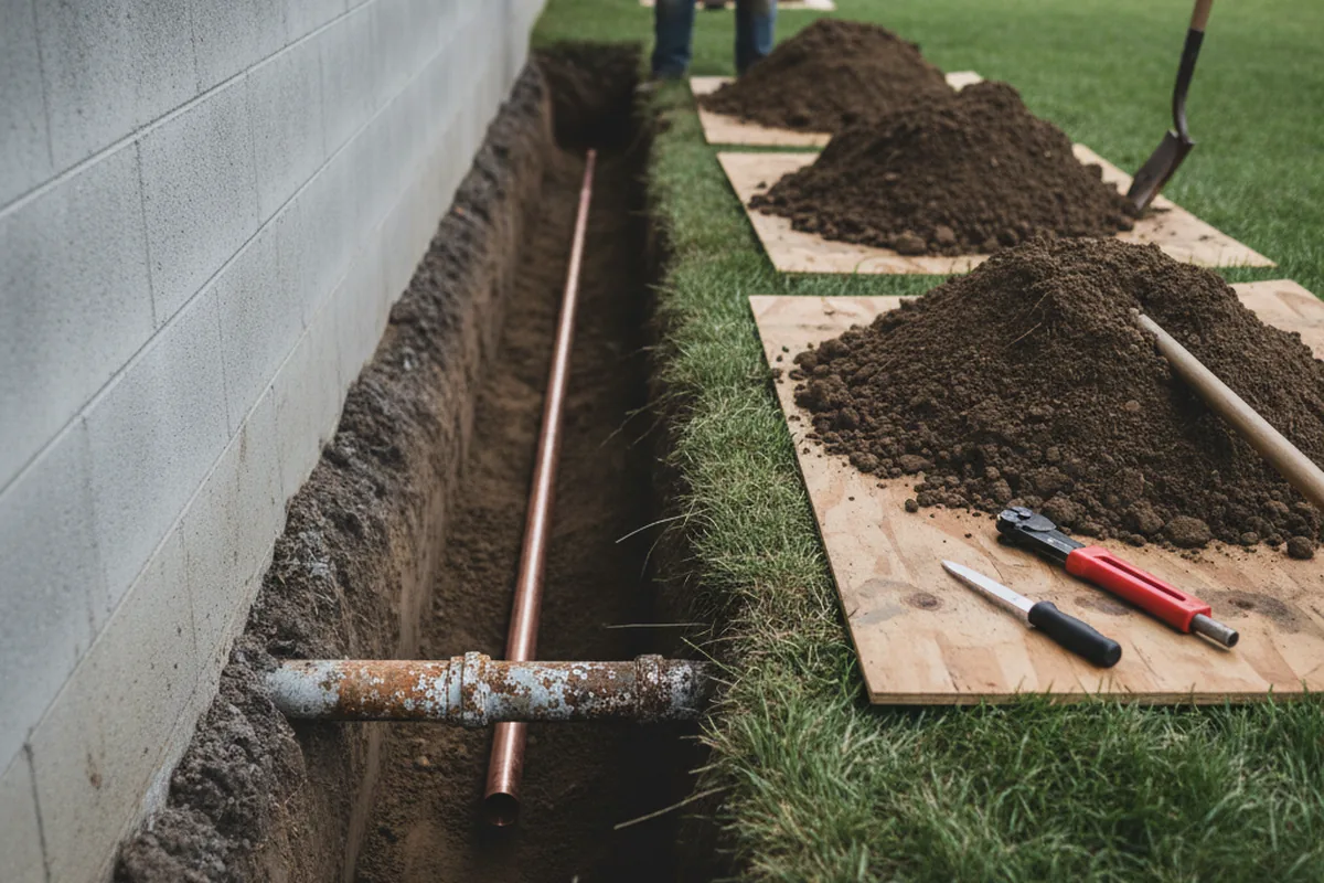 Excavated water line trench during Water Softener Installation in Stanfordville